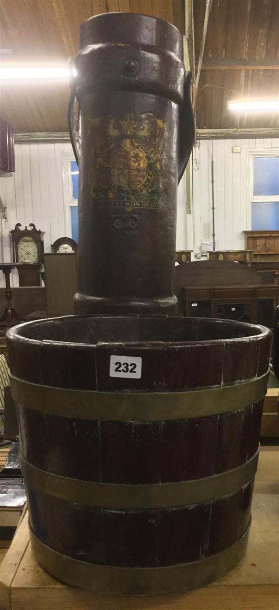 Decorative leather shellcase stick stand & a brass-bound oak coal bucket